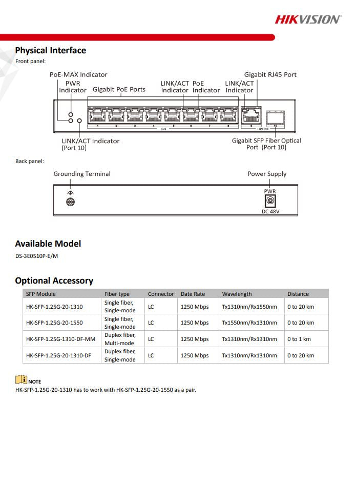 HIKVISION DS-3E0510P-E/M 8 Port Gigabit Unmanaged PoE Switch