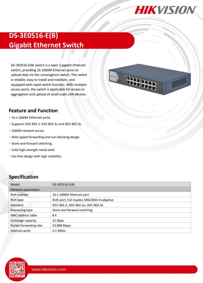 HIKVISION DS-3E0516-E(B) 16 Port Gigabit Unmanaged Switch