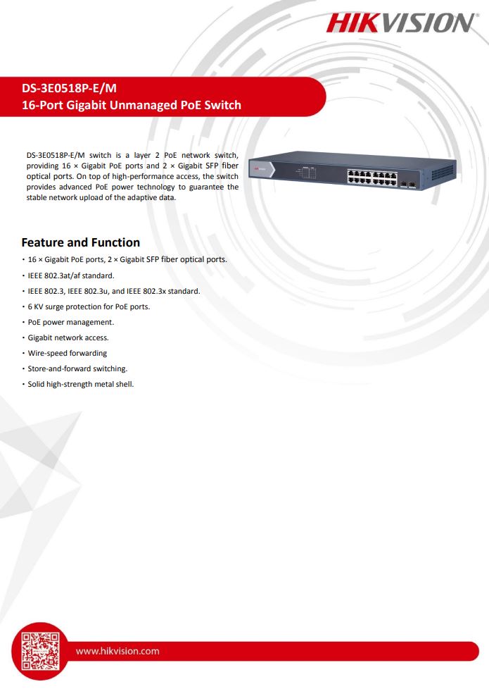 HIKVISION DS-3E0518P-E/M 16 Port Gigabit Unmanaged PoE Switch