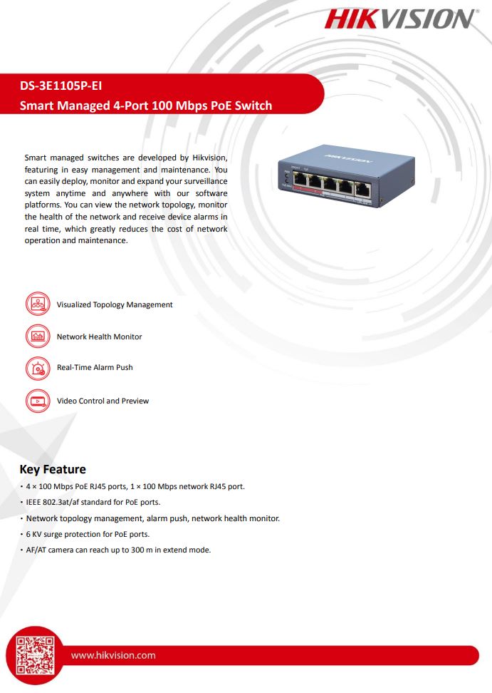 HIKVISION DS-3E1105P-EI 4 Port Fast Ethernet Smart PoE Switch