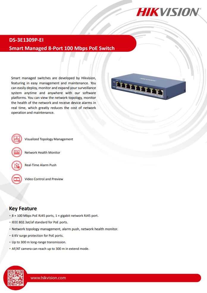 HIKVISION DS-3E1309P-EI 8 Port Fast Ethernet Smart PoE Switch