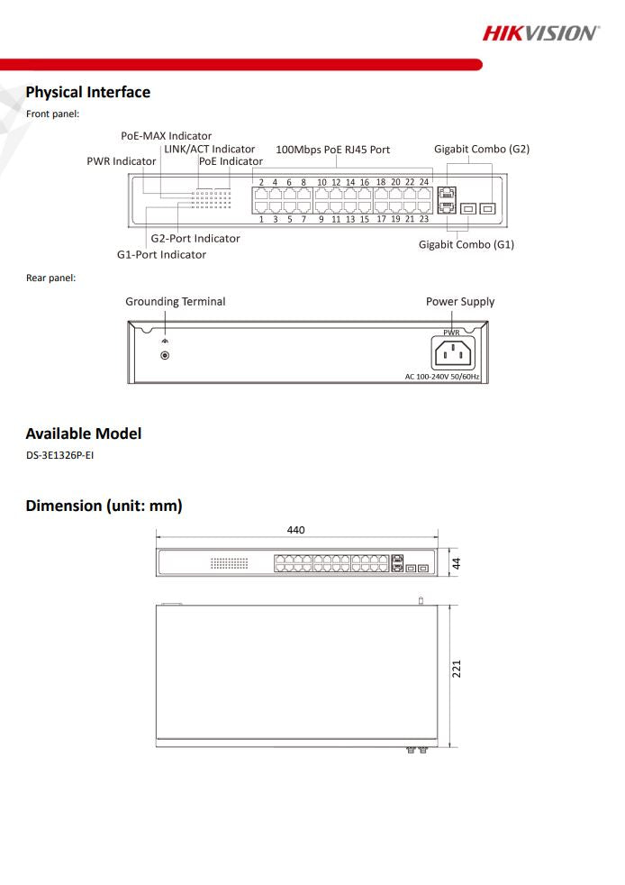 HIKVISION DS-3E1326P-EI 24 Port Fast Ethernet Smart PoE Switch