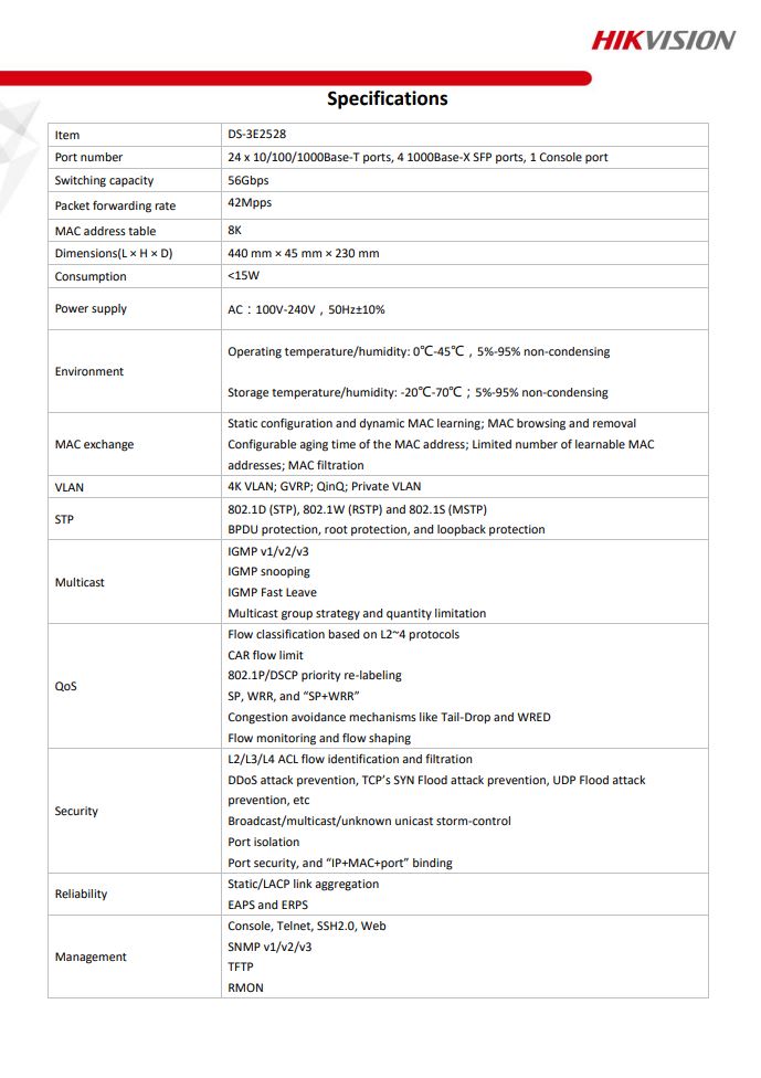 HIKVISION DS-3E2528 28 Port Gigabit Full Managed Switch