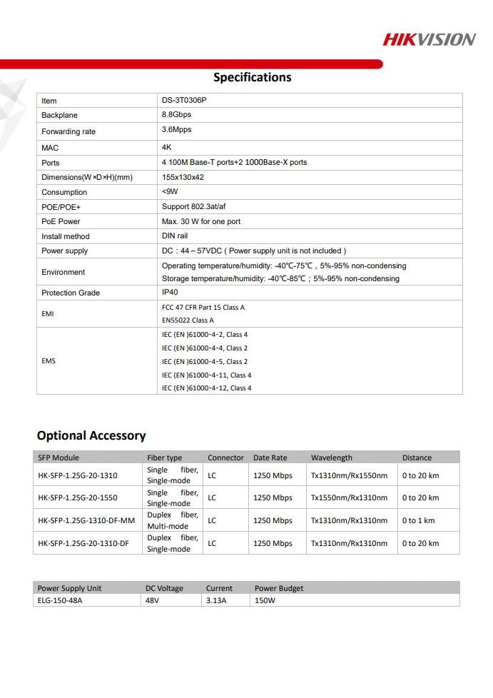 HIKVISION DS-3T0306P 4 Port Fast Ethernet Unmanaged Industrial PoE Switch