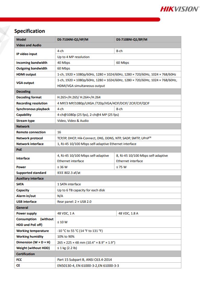 HIKVISION DS-7108NI-Q1/8P/M(C) 8-ch Mini 1U 8 PoE NVR