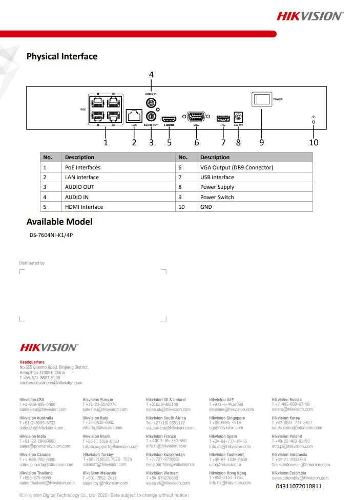 HIKVISION DS-7604NI-K1/4P(C) 4-ch 1U 4 PoE 4K NVR