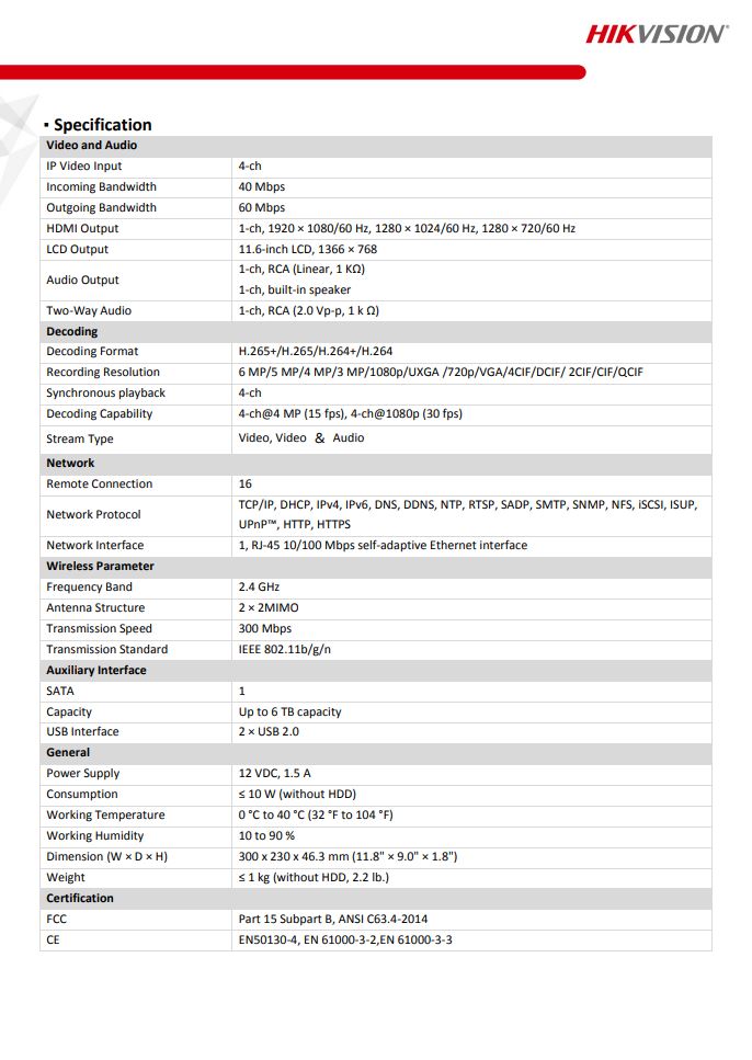 HIKVISION DS-7604NI-L1/W/1T 4-ch Wi-Fi NVR with LCD Display