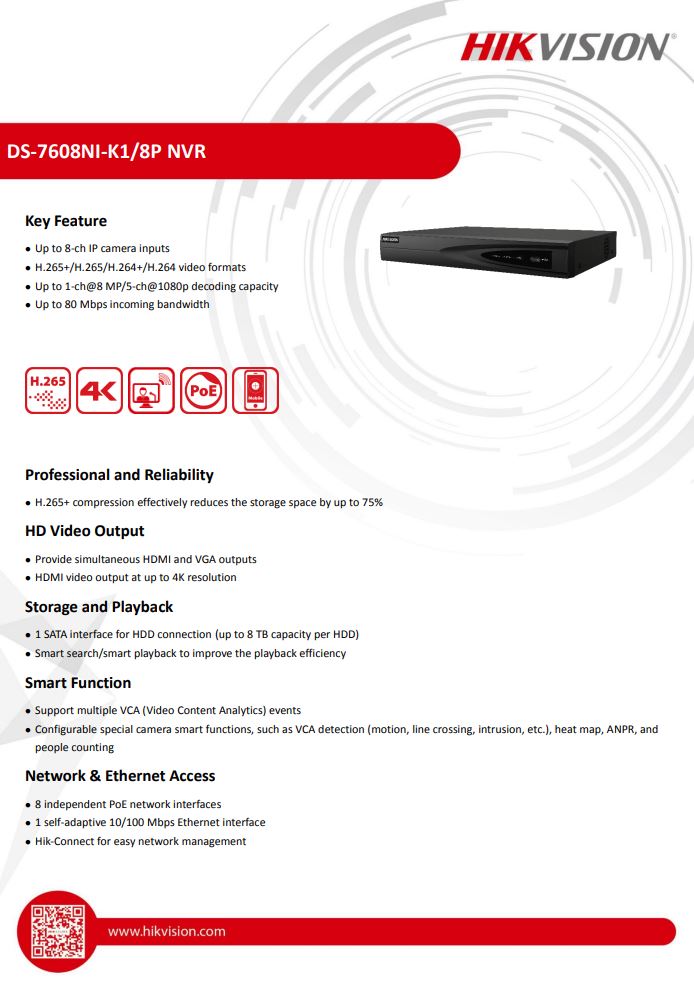 HIKVISION DS-7608NI-K1/8P(C) 8-ch 1U 8 PoE 4K NVR