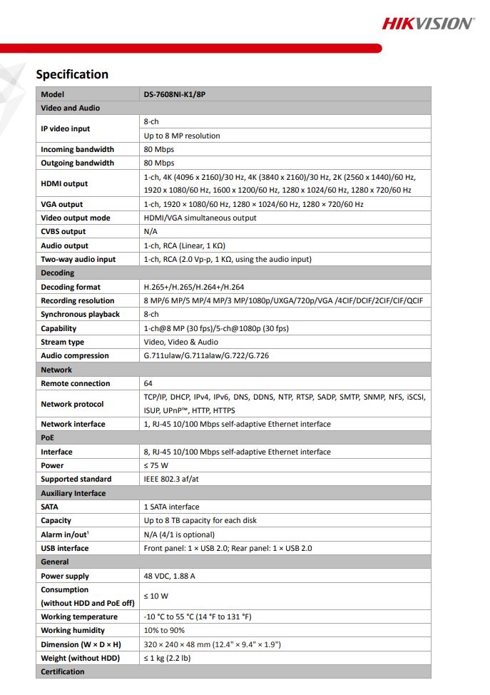 HIKVISION DS-7608NI-K1/8P(C) 8-ch 1U 8 PoE 4K NVR