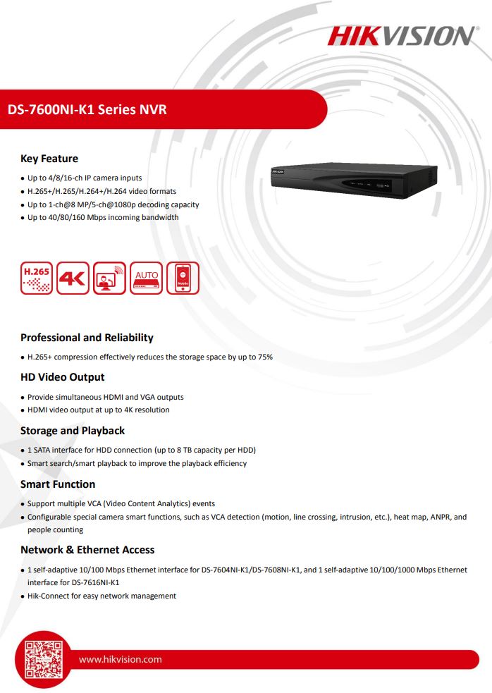 HIKVISION DS-7608NI-K1(C) 8-ch 1U 4K NVR