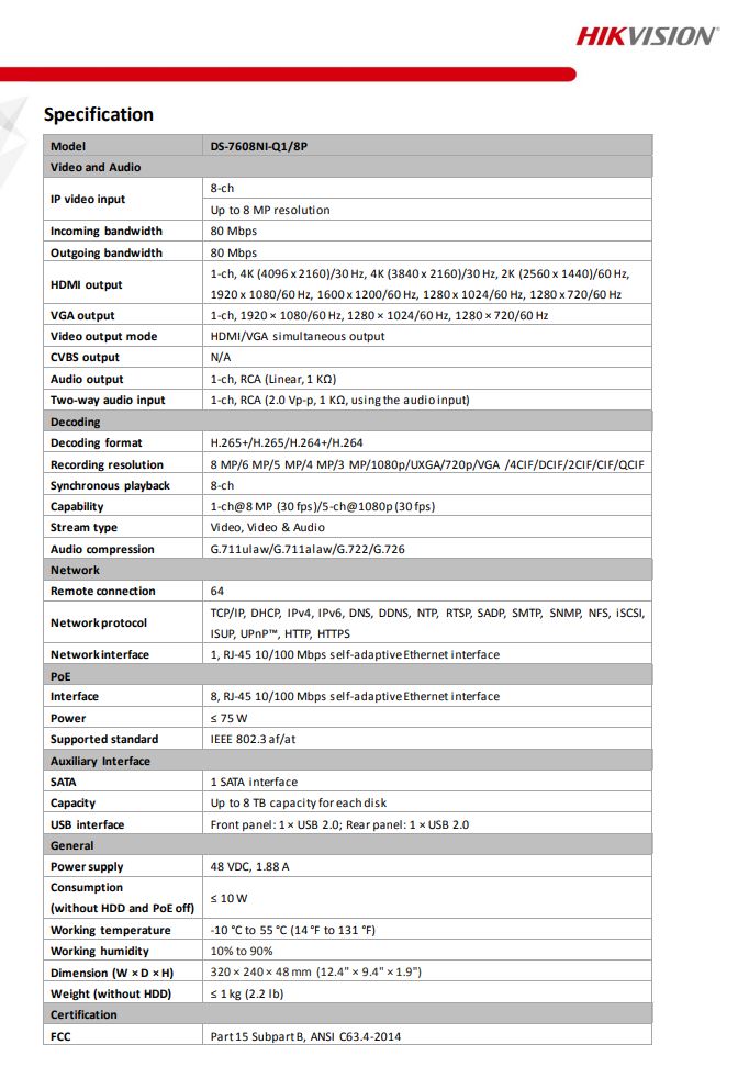 HIKVISION DS-7608NI-Q1/8P 8CH 1U 8 PoE 4K NVR