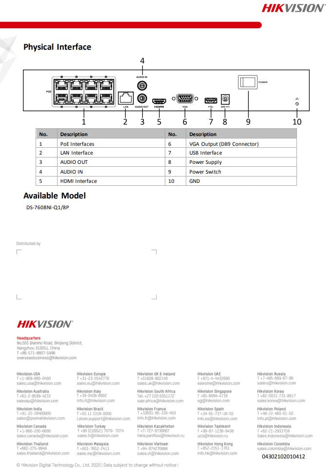 HIKVISION DS-7608NI-Q1/8P 8CH 1U 8 PoE 4K NVR