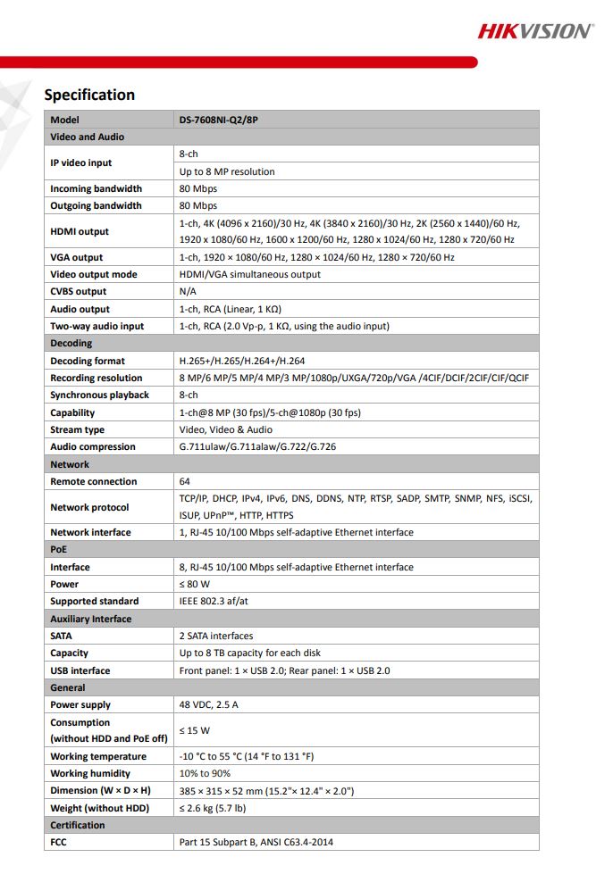 HIKVISION DS-7608NI-Q2/8P(C) 8-ch 1U 16 PoE 4K NVR