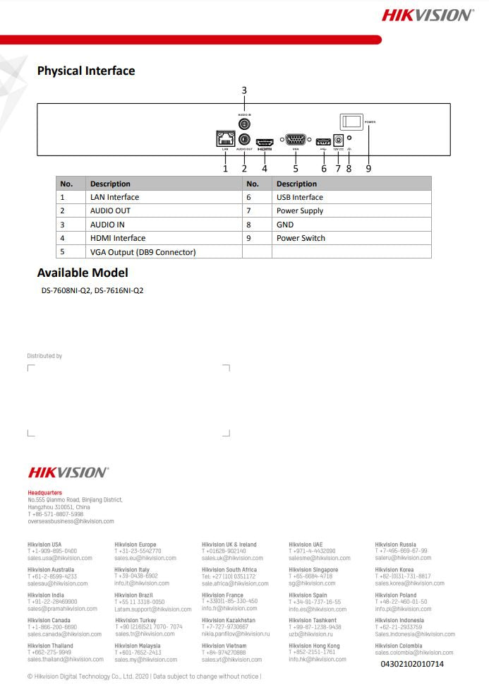 HIKVISION DS-7608NI-Q2(C) 8-ch 1U 4K NVR