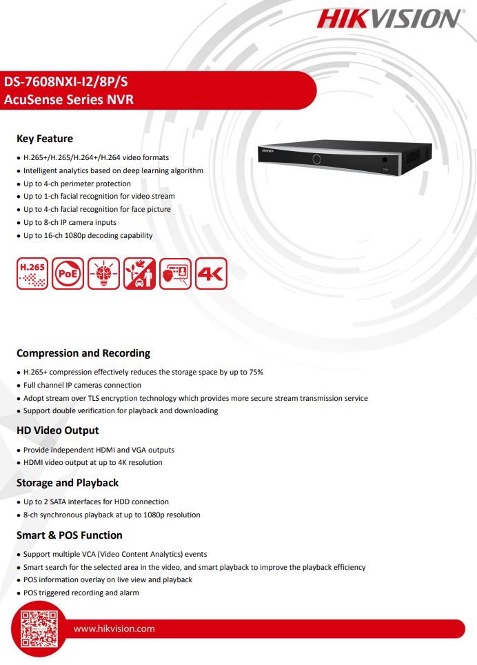 HIKVISION DS-7608NXI-I2/8P/S(C) 8-ch 1U 8 PoE AcuSense 4K NVR