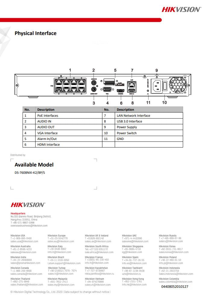 HIKVISION DS-7608NXI-K2/8P/S(C) 8-ch 1U 8 PoE AcuSense 4K NVR