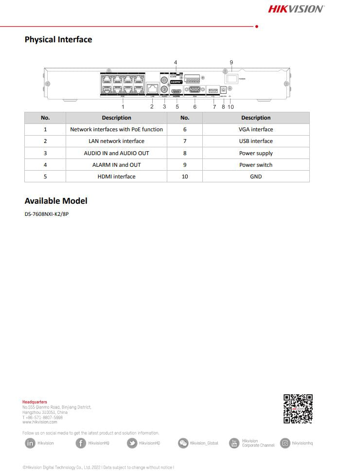 HIKVISION DS-7608NXI-K2/8P 8-ch 1U 8 PoE AcuSense 4K NVR