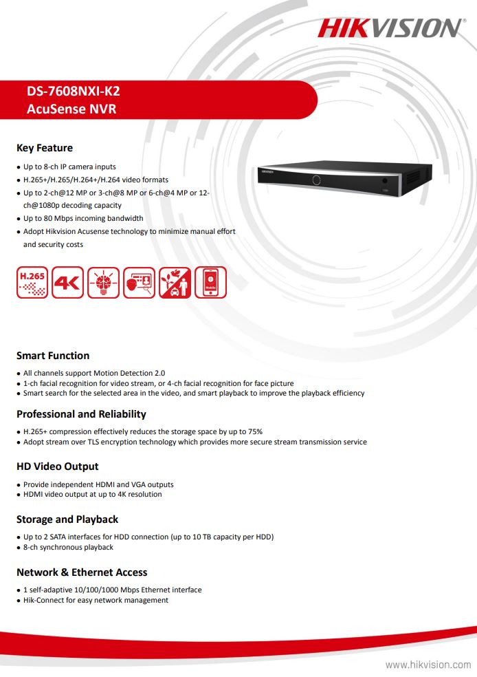 HIKVISION DS-7608NXI-K2 8-ch 1U AcuSense 4K NVR