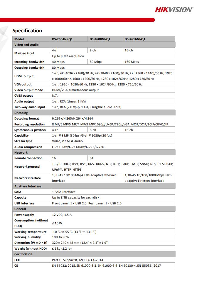 HIKVISION DS-7616NI-Q1(C) 16-ch 1U 4K NVR