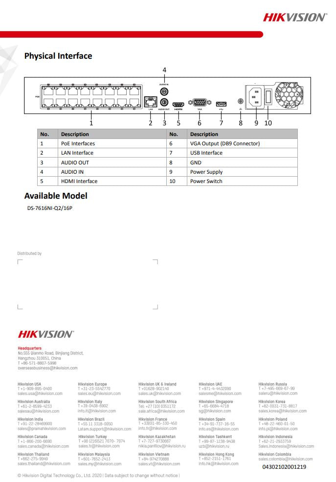 HIKVISION DS-7616NI-Q2/16P(C) 16-ch 1U 16 PoE 4K NVR