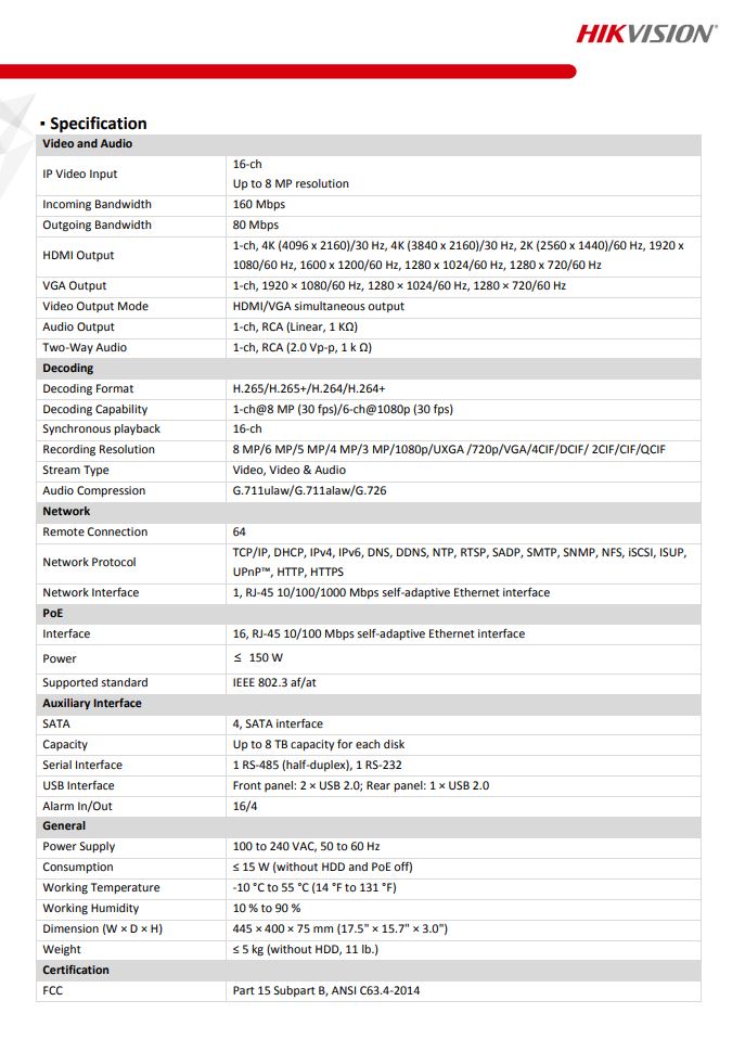 HIKVISION DS-7716NI-Q4/16P 16-ch 1.5U 16 PoE 4K NVR