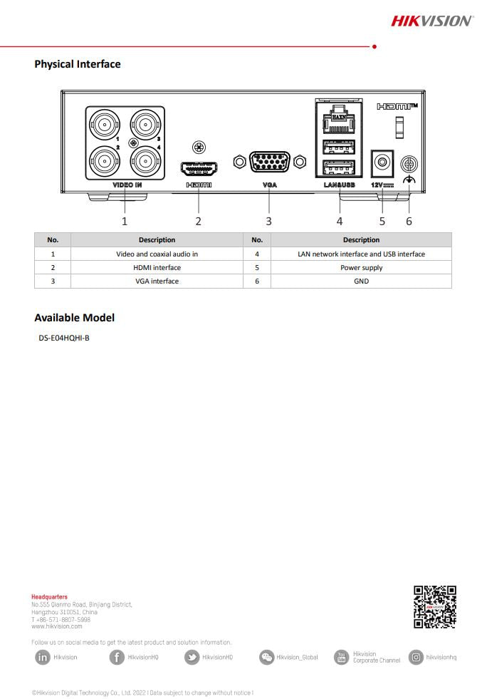 HIKVISION DS-E04HQHI-B 4-ch 5MP Lite 1U H.265 eSSD DVR