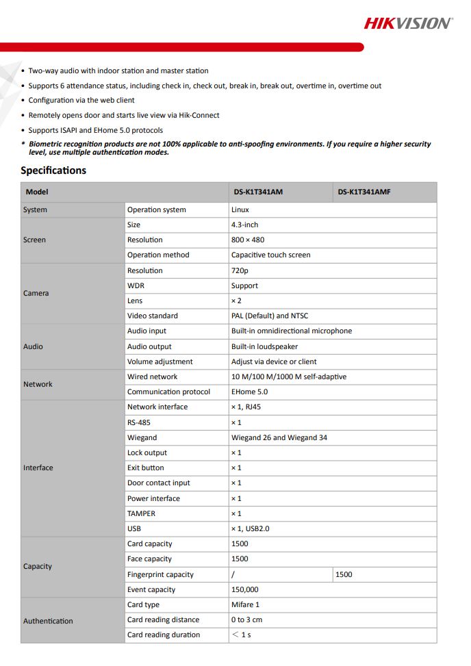 HIKVISION DS-K1T341AMF Face Recognition Access Control Terminal