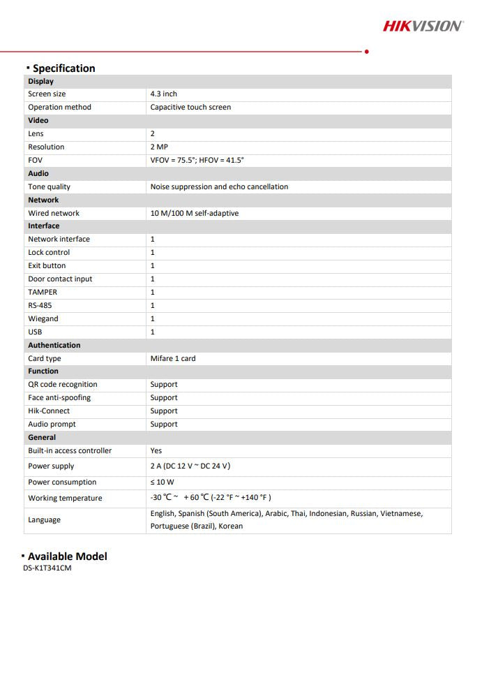 HIKVISION DS-K1T341CM Face Recognition Access Control Terminal