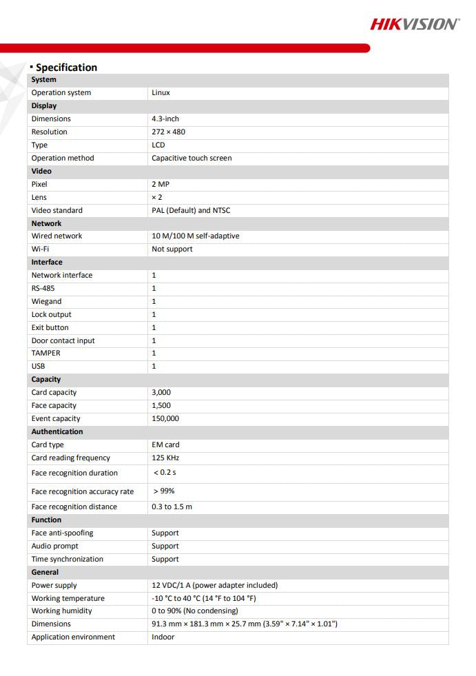 HIKVISION DS-K1T342EX Face Recognition Access Control Terminal