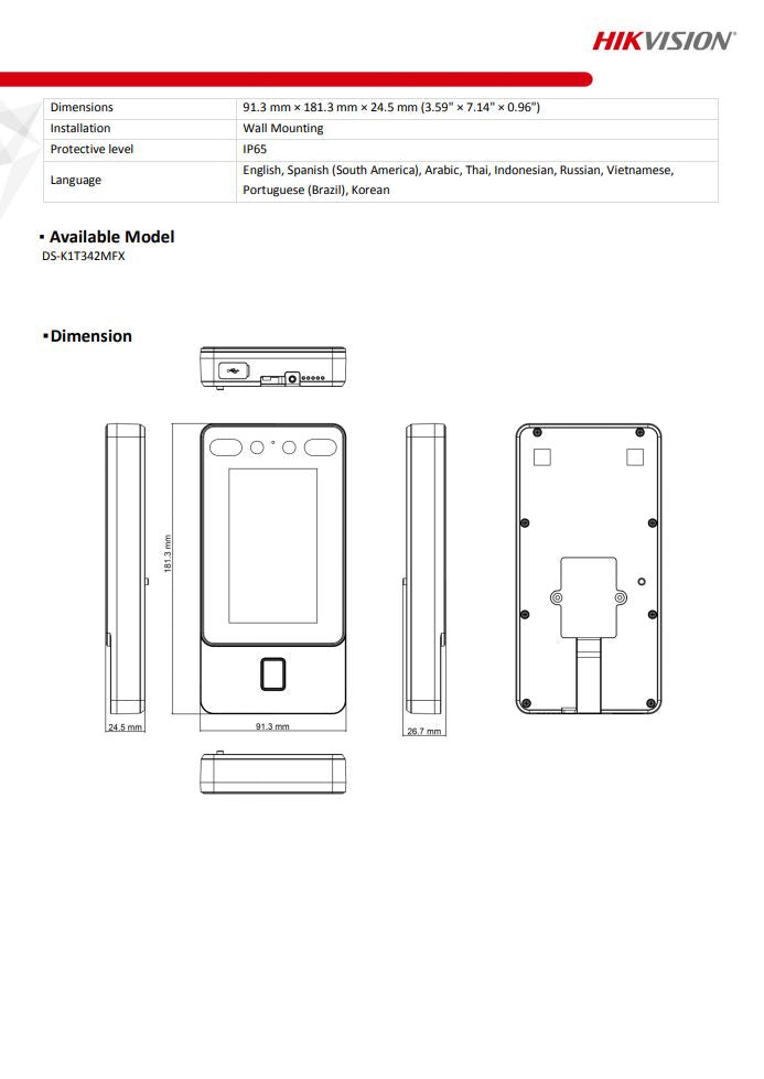 HIKVISION DS-K1T342MFX Face Recognition Access Control Terminal