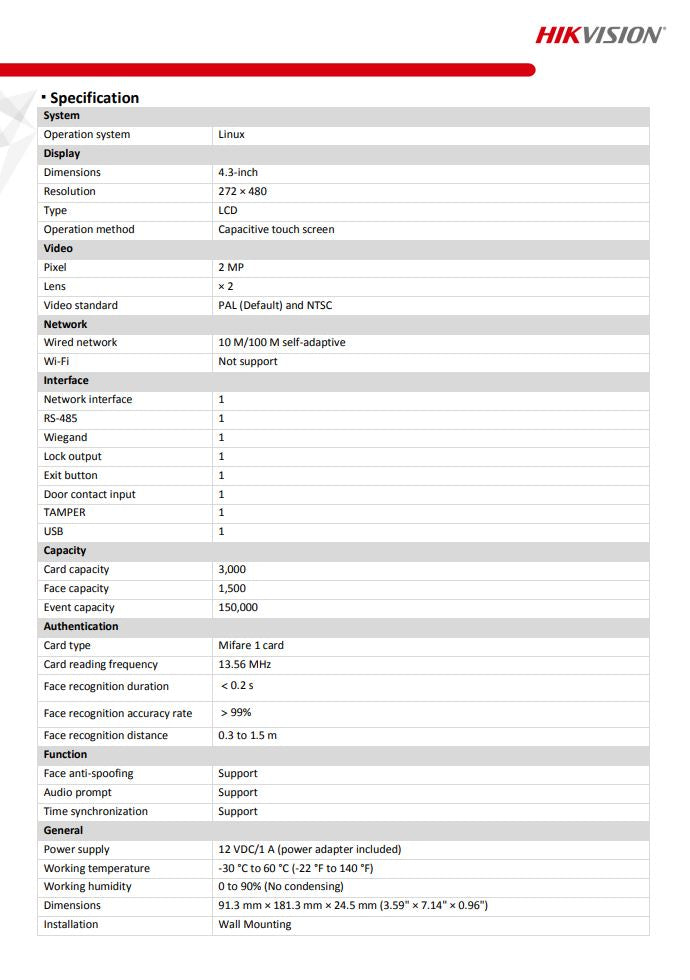 HIKVISION DS-K1T342MX Face Recognition Access Control Terminal