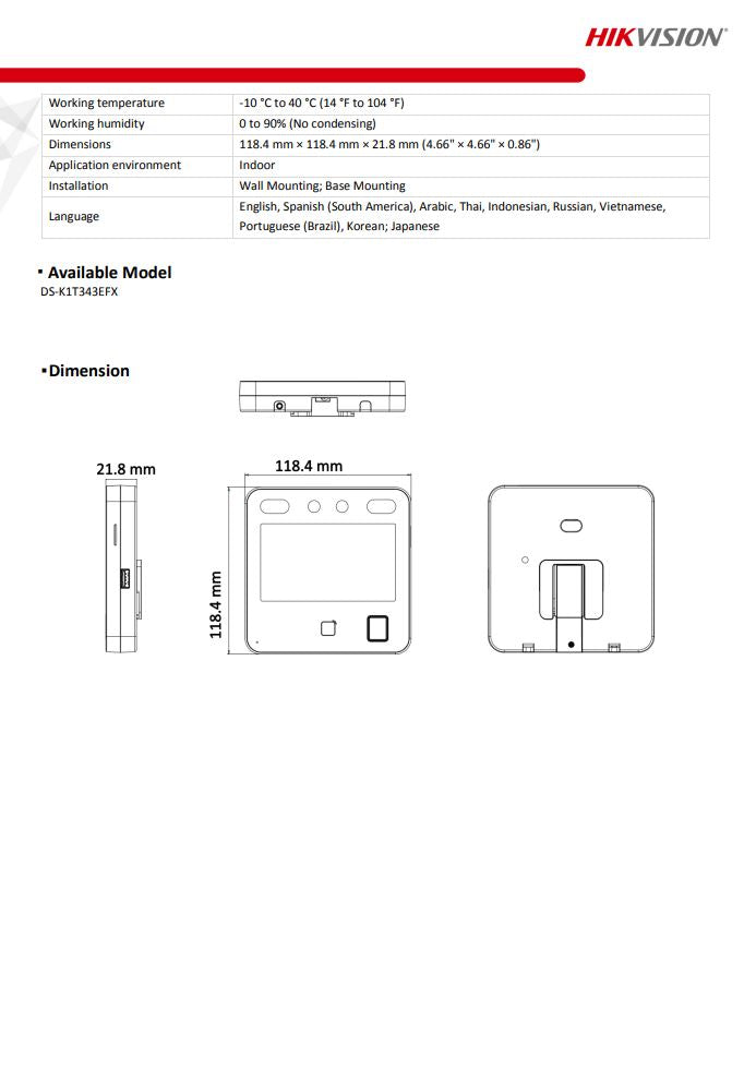 HIKVISION  DS-K1T343EFX Face Recognition Access Control Terminal