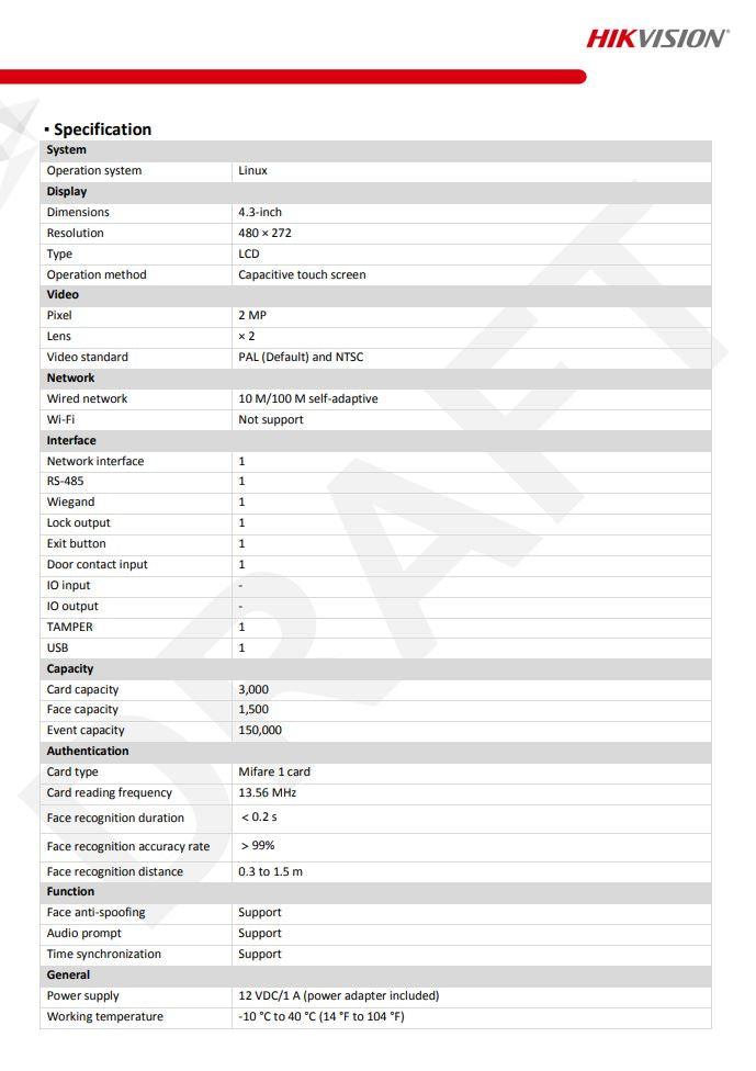 HIKVISION DS-K1T343EX Face Recognition Access Control Terminal