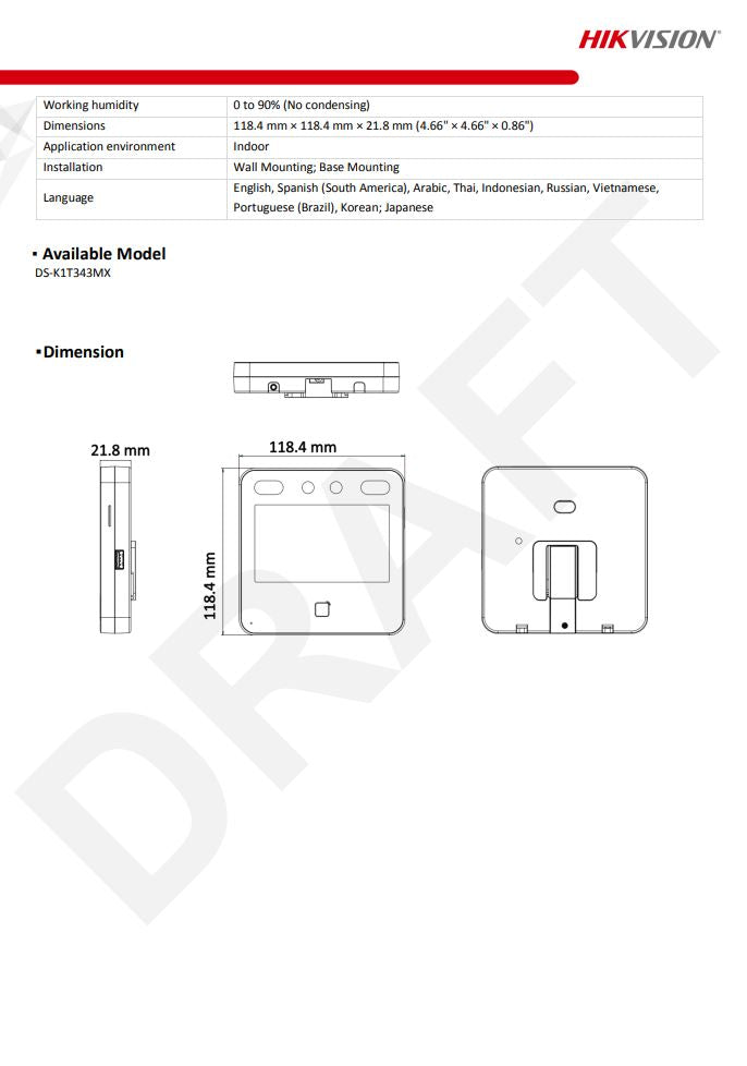 HIKVISION DS-K1T343EX Face Recognition Access Control Terminal