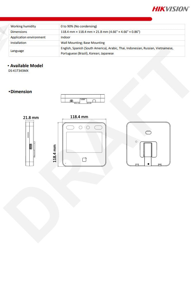 HIKVISION DS-K1T343MX Face Recognition Access Control Terminal