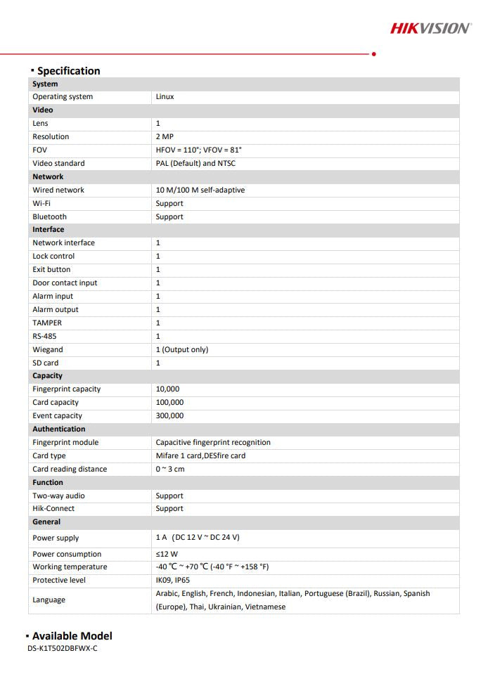 HIKVISION DS-K1T502DBFWX-C Video Access Control Fingerprint Terminal