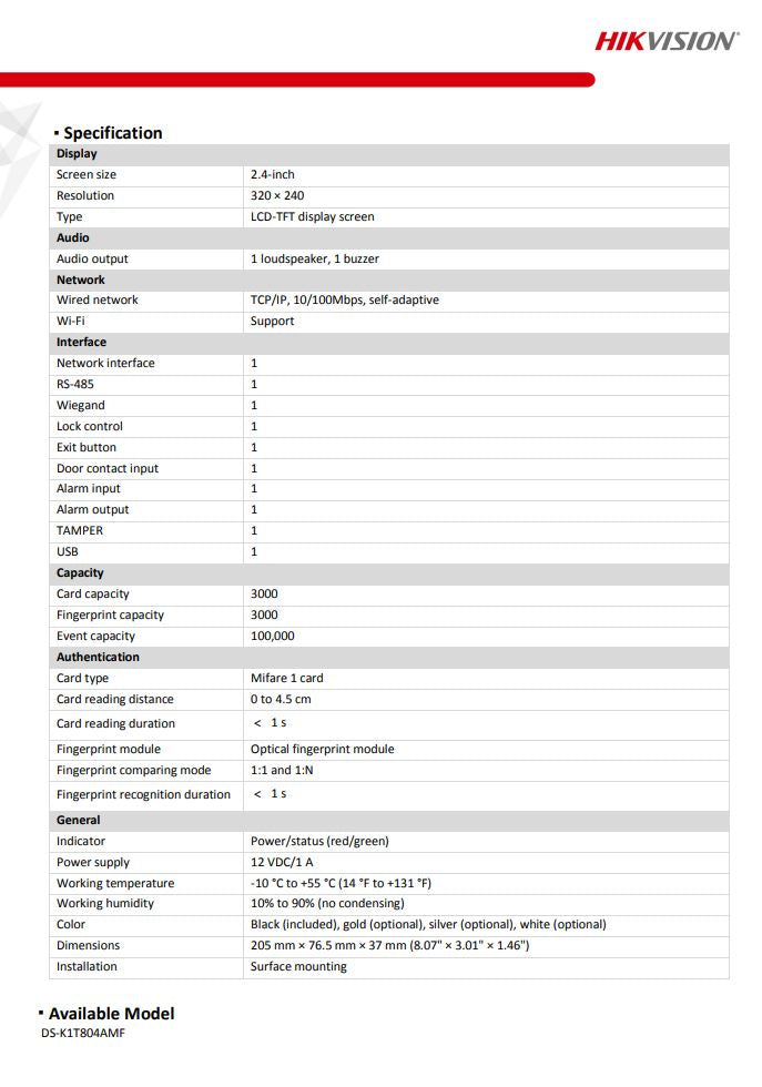 HIKVISION DS-K1T804AMF Fingerprint Access Control Terminal