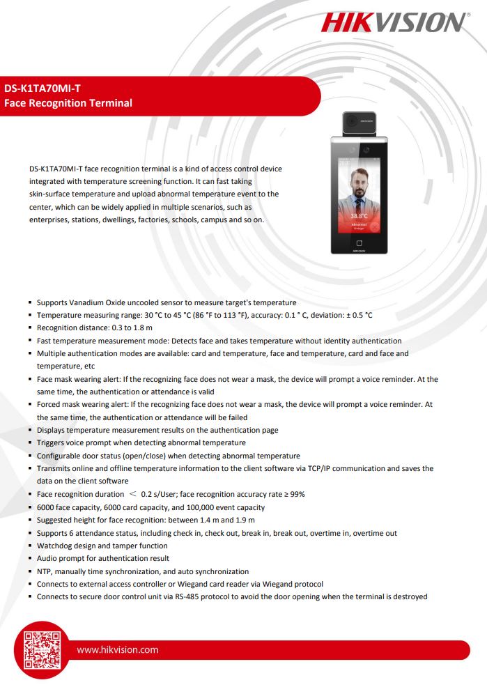 HIKVISION DS-K1TA70MI-T Face Recognition Access Control Terminal with Fever Screening