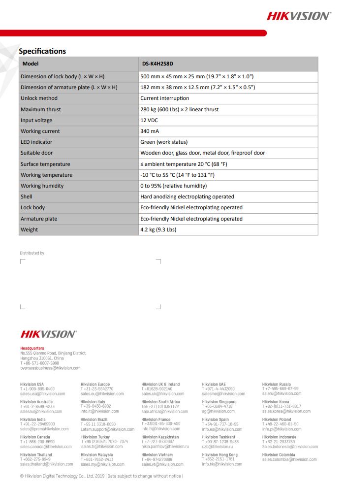 HIKVISION DS-K4H258D Value Series Double Door Magnetic Lock