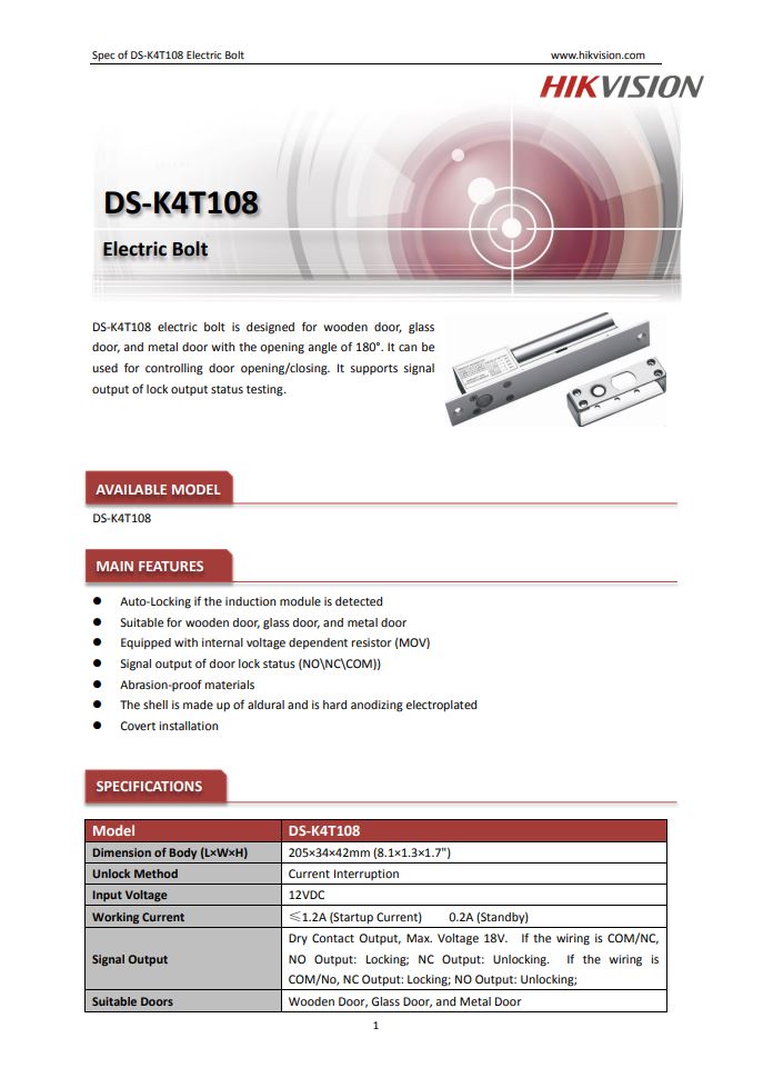 HIKVISION DS-K4T108 Value Series Bolt Electric Lock