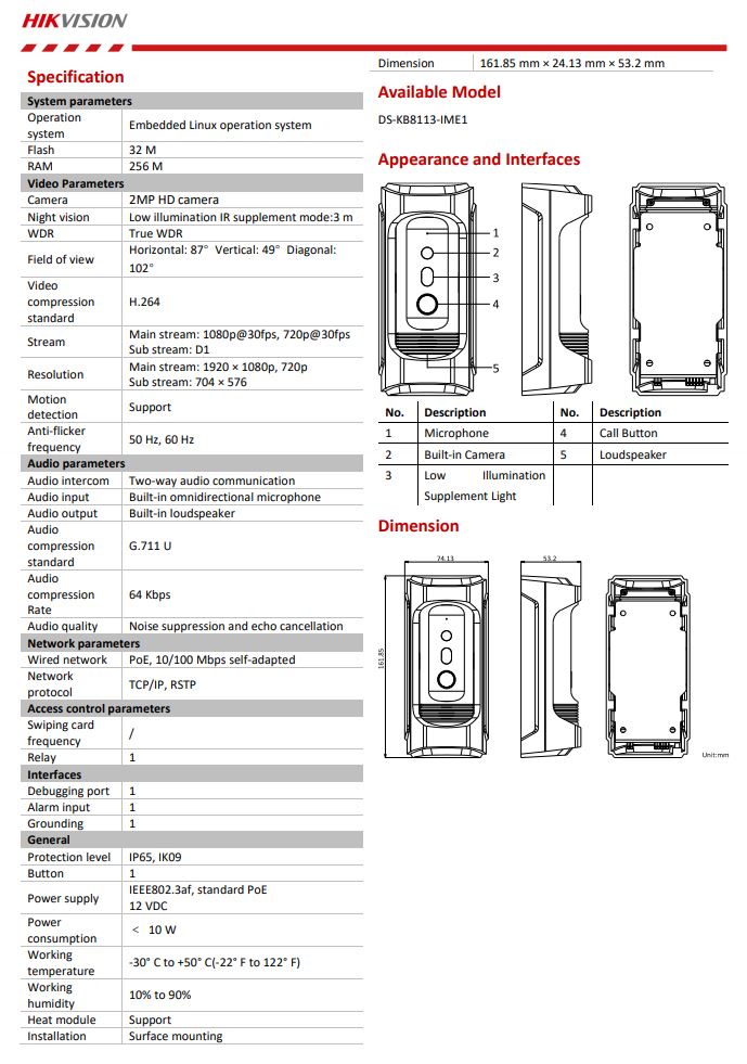 HIKVISION DS-KB8113-IME1 2MP IP Vandal-resistant Door Bell