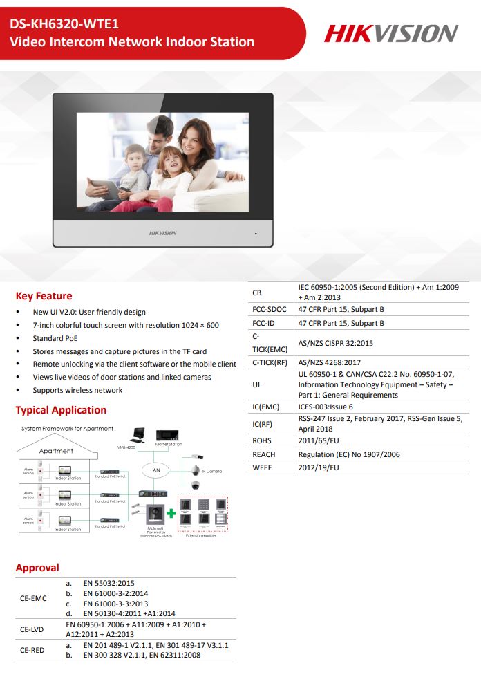 HIKVISION DS-KH6320-WTE1 KH6 Series IP-Based Indoor Station