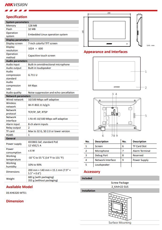 HIKVISION DS-KH6320-WTE1 KH6 Series IP-Based Indoor Station