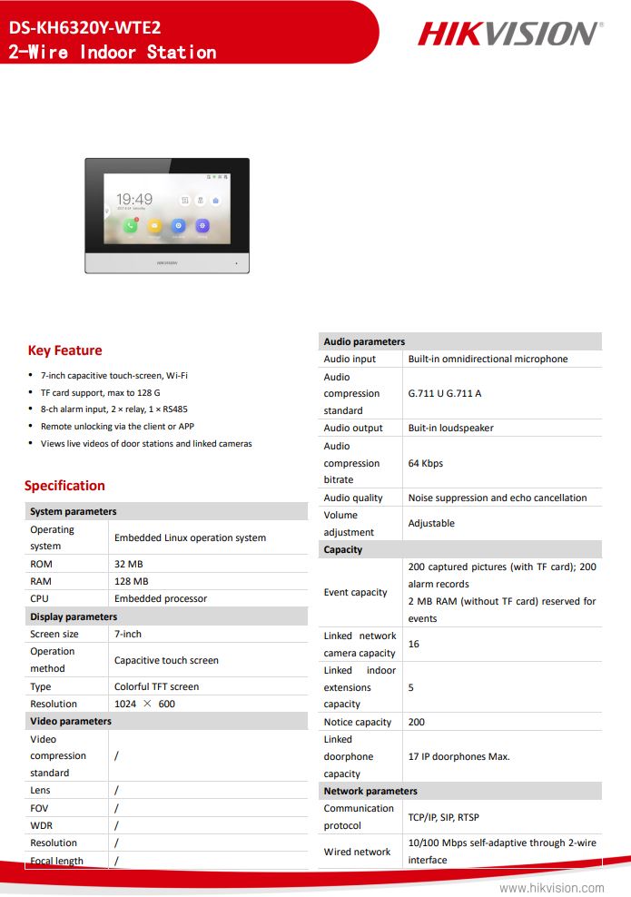 HIKVISION DS-KH6320Y-WTE2 Two Wire Indoor stations