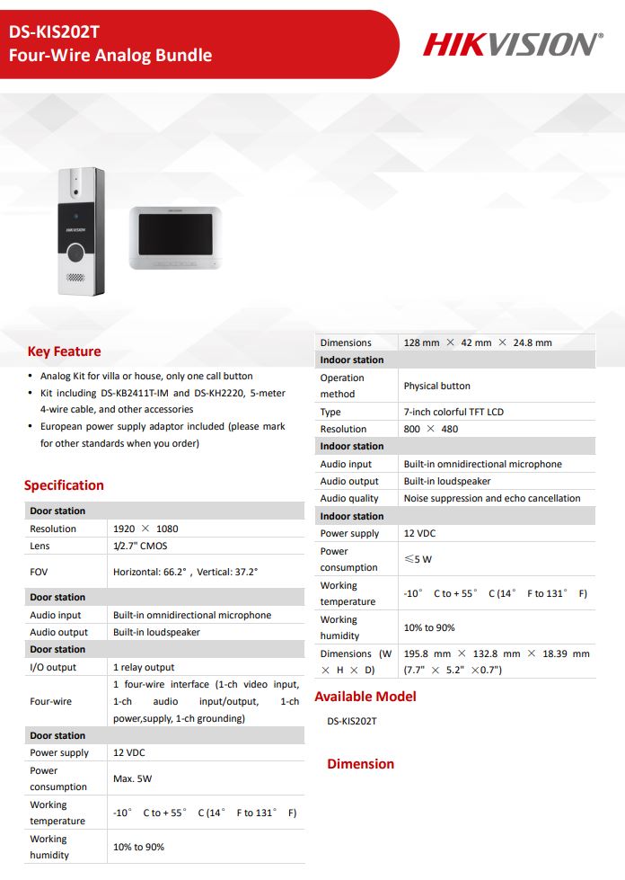 HIKVISION DS-KIS202T Villa Four Wire Analog Video Intercom Kit