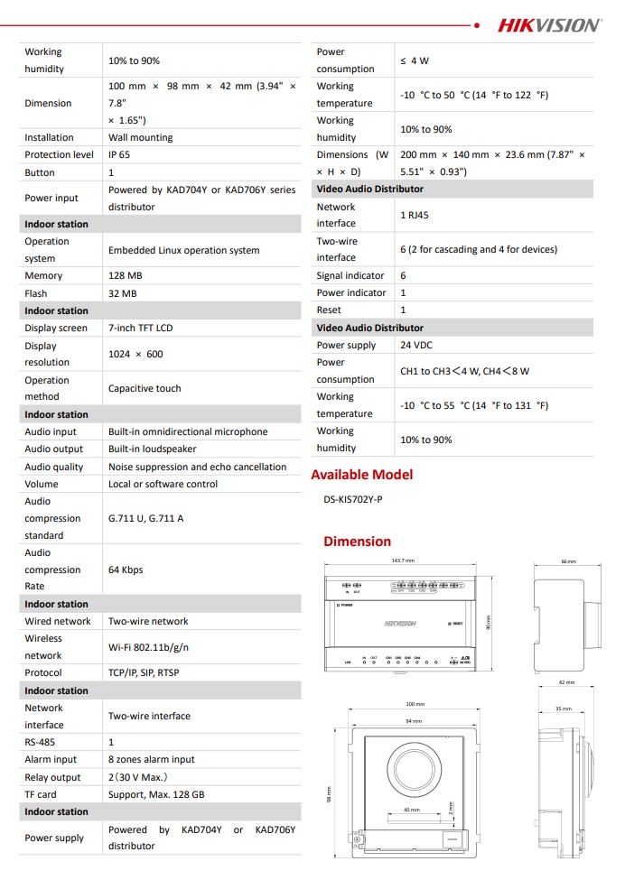 HIKVISION DS-KIS702Y-P Villa Two Wire Video Intercom Kit