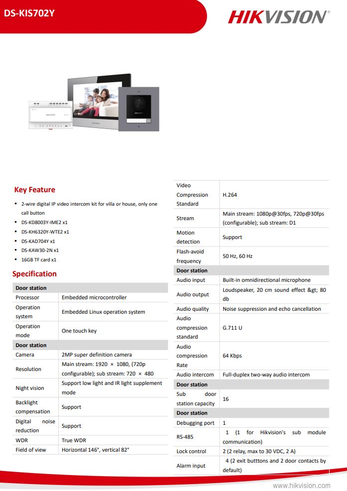 HIKVISION DS-KIS702Y Villa Two Wire Video Intercom Kit