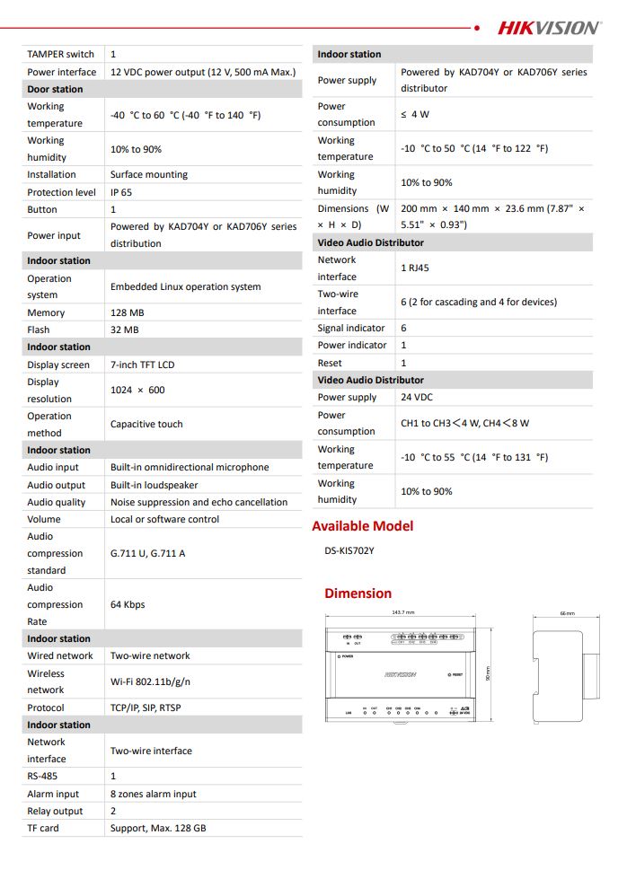 HIKVISION DS-KIS702Y Villa Two Wire Video Intercom Kit