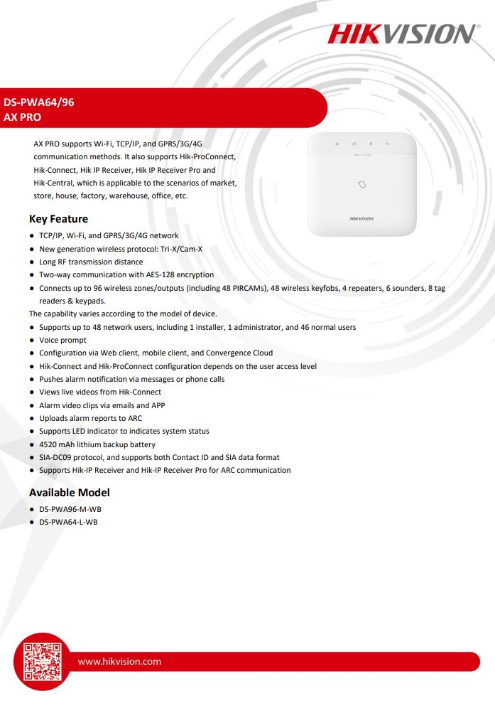 HIKVISION DS-PWA64-L-WB AX Pro Wireless Control Panel Light Level