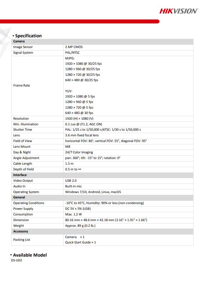 HIKVISION DS-U02 2MP USB Camera